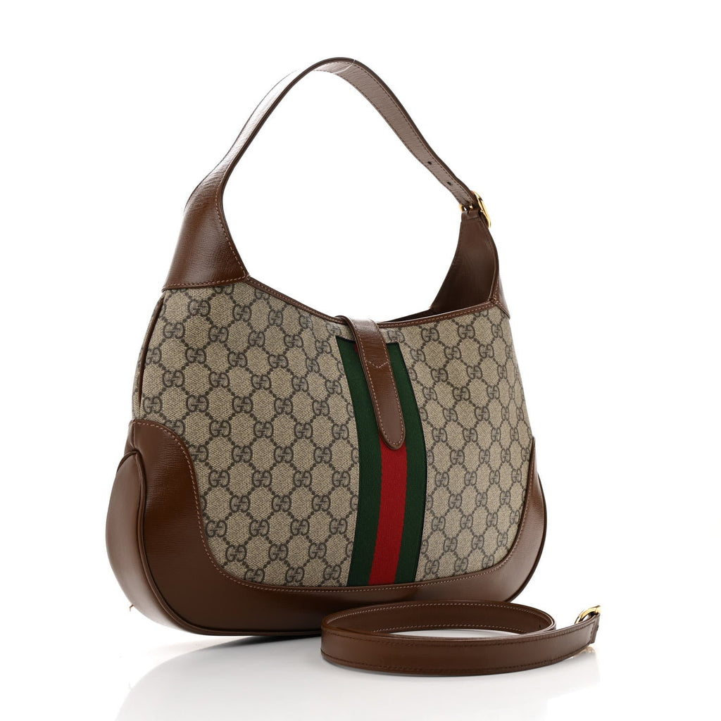 GG Supreme Monogram Azalea Calfskin Web Medium Jackie 1961 Hobo Beige Ebony Brown Sugar