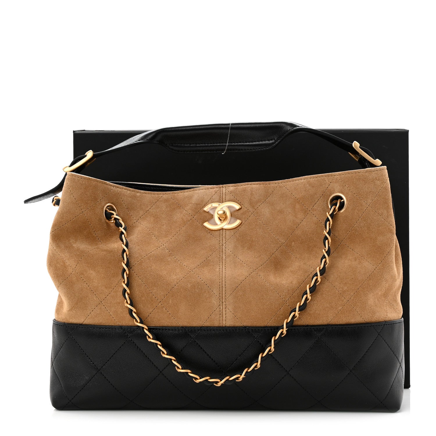 Suede Calfskin Shiny Lambskin Quilted Small Coco Base Shopping Bag Beige Black