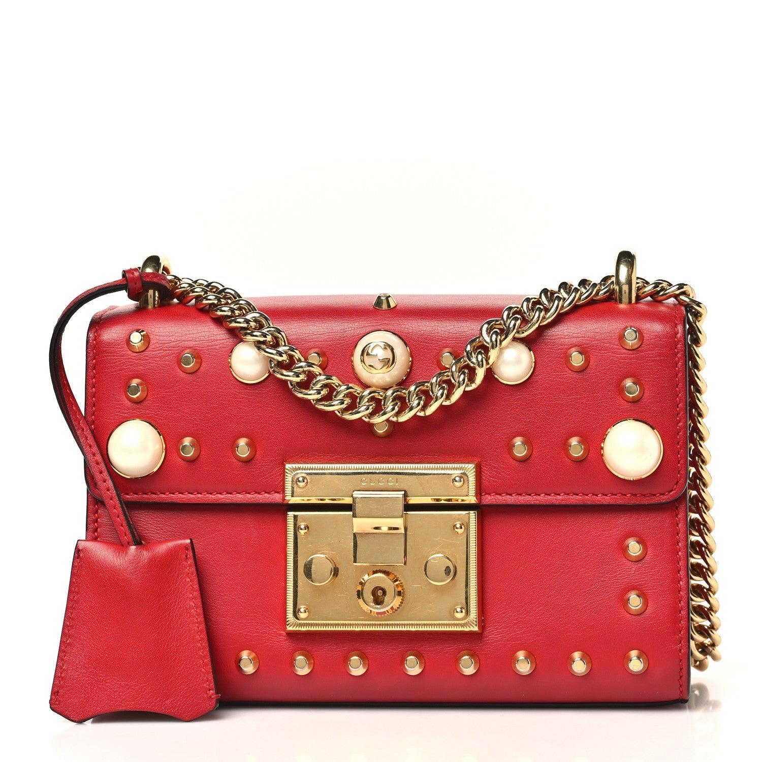 Calfskin Studded Small Padlock Shoulder Bag Hibiscus Red
