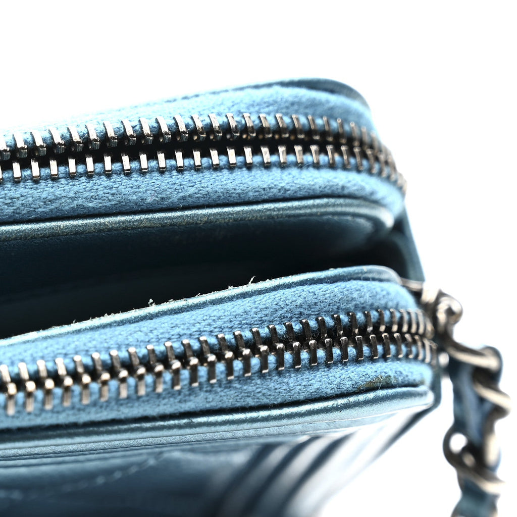 Metallic Caviar Quilted Small Boy Clutch With Chain Turquoise
