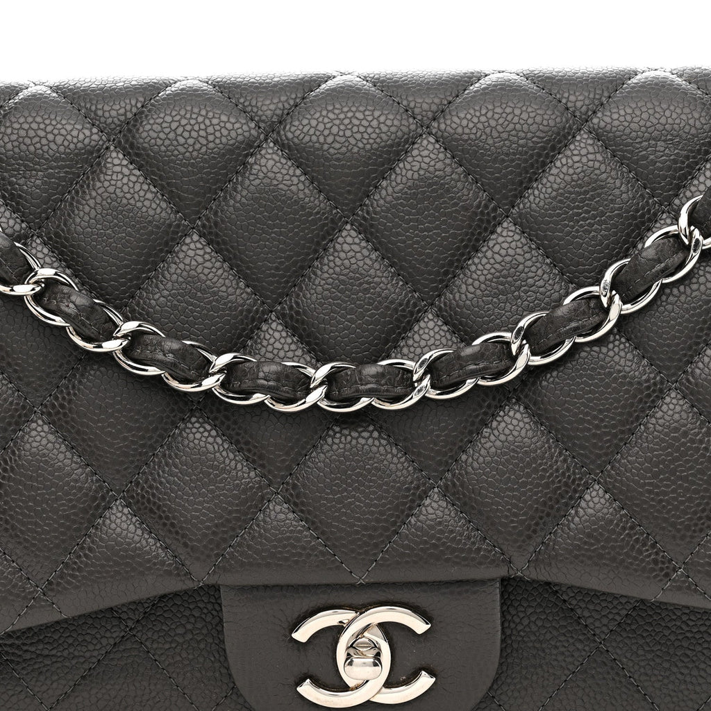 Caviar Quilted Jumbo Double Flap Grey