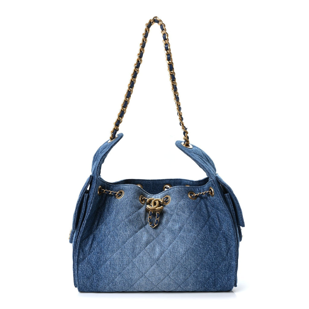 Washed Denim Quilted Small Chanel 25 Handbag Blue
