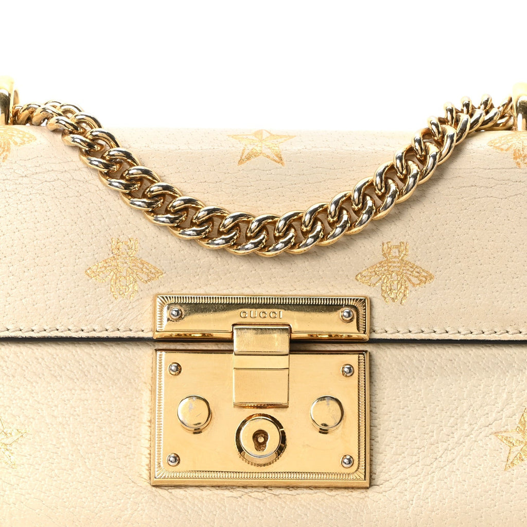 Grained Calfskin Bee Star Small Padlock Shoulder Bag White