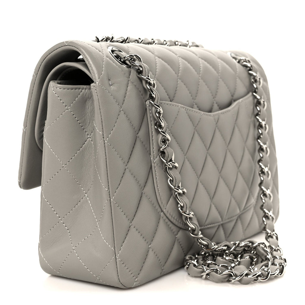 Lambskin Quilted Medium Double Flap Grey
