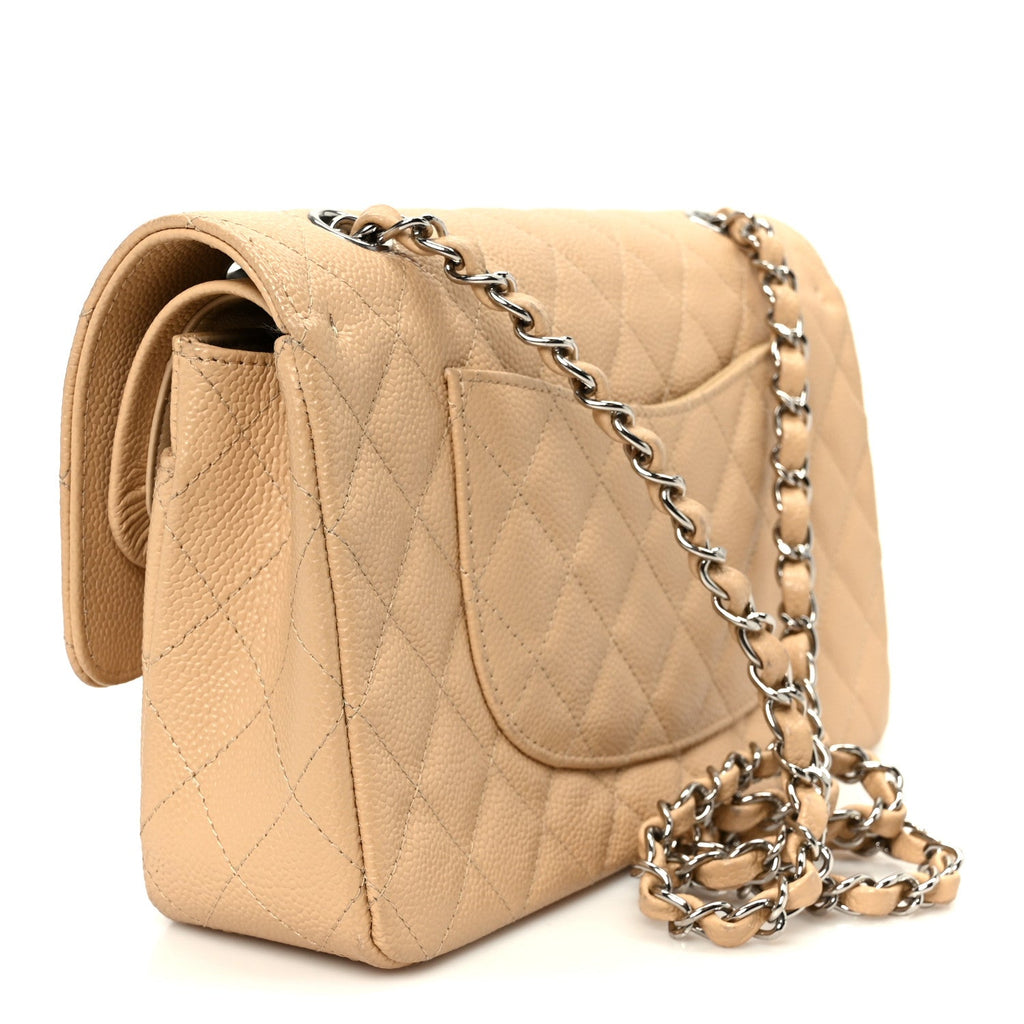 Caviar Quilted Medium Double Flap Beige
