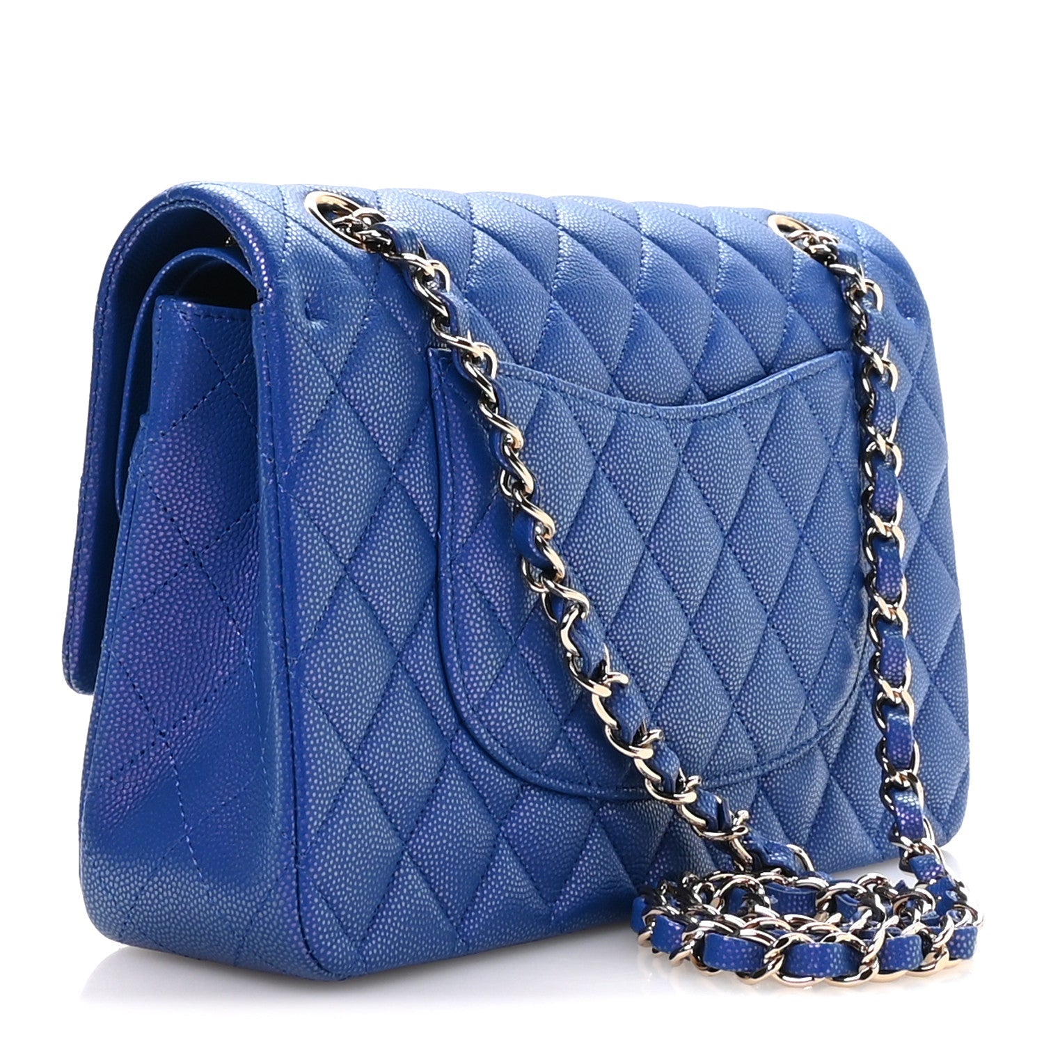Iridescent Caviar Quilted Medium Double Flap Blue