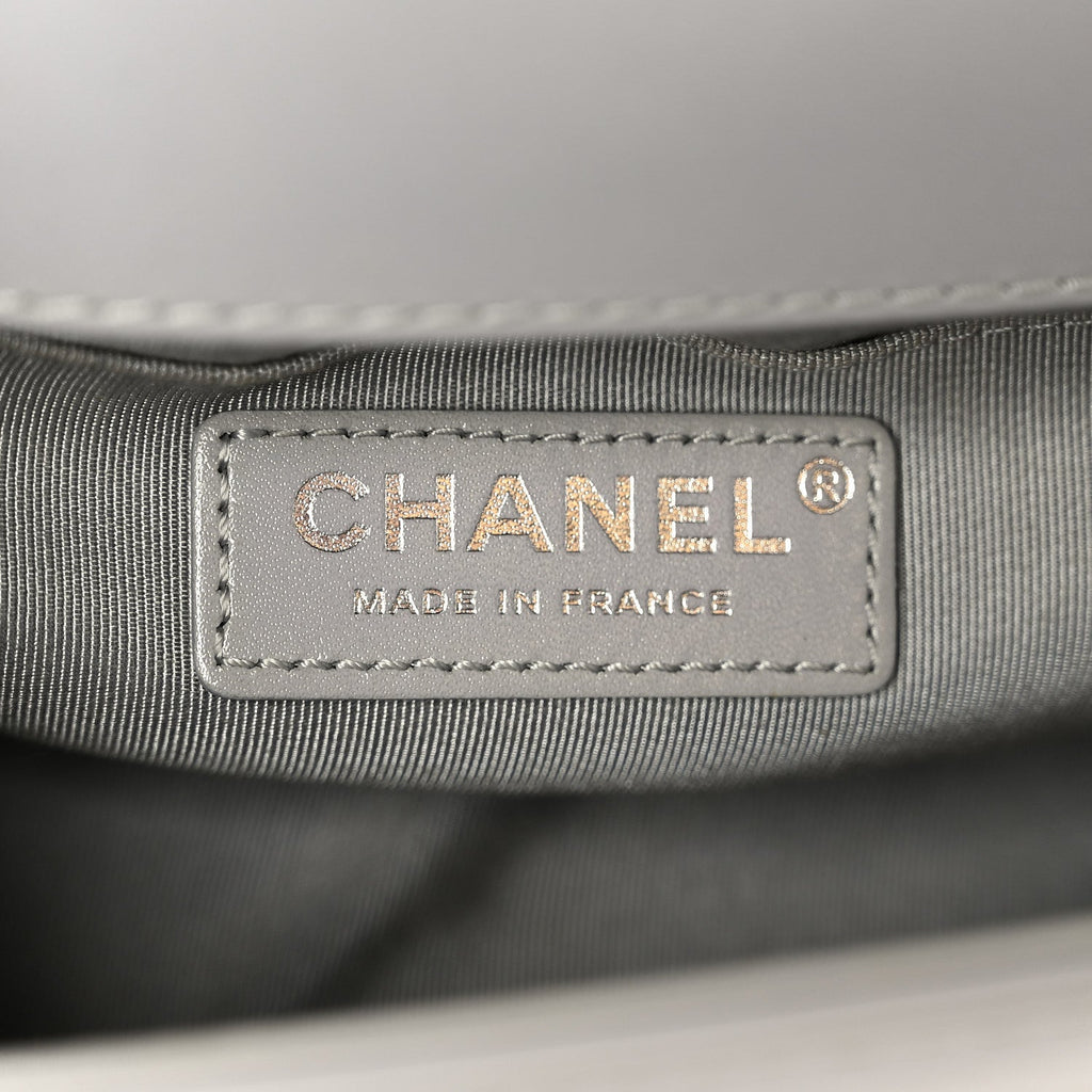 Iridescent Lambskin Quilted Small Chain Around Boy Flap Grey