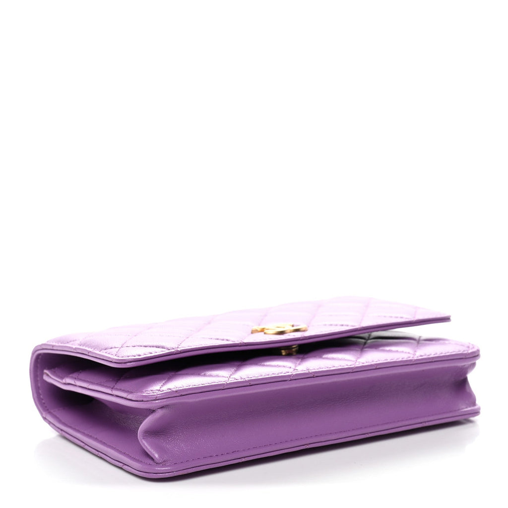 Lambskin Quilted Pick Me Up Wallet On Chain WOC Purple