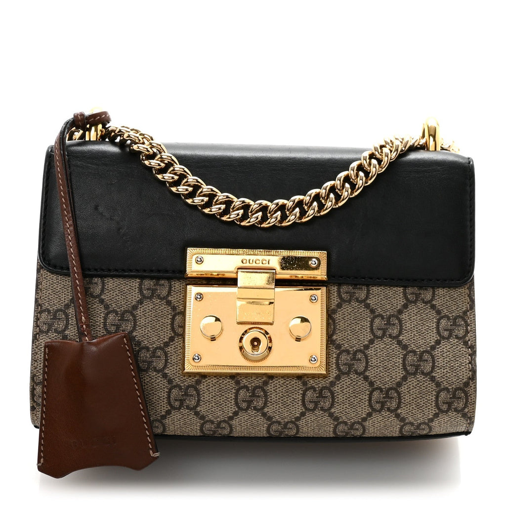GG Supreme Monogram Calfskin Small Padlock Shoulder Bag Beige Black Cuir