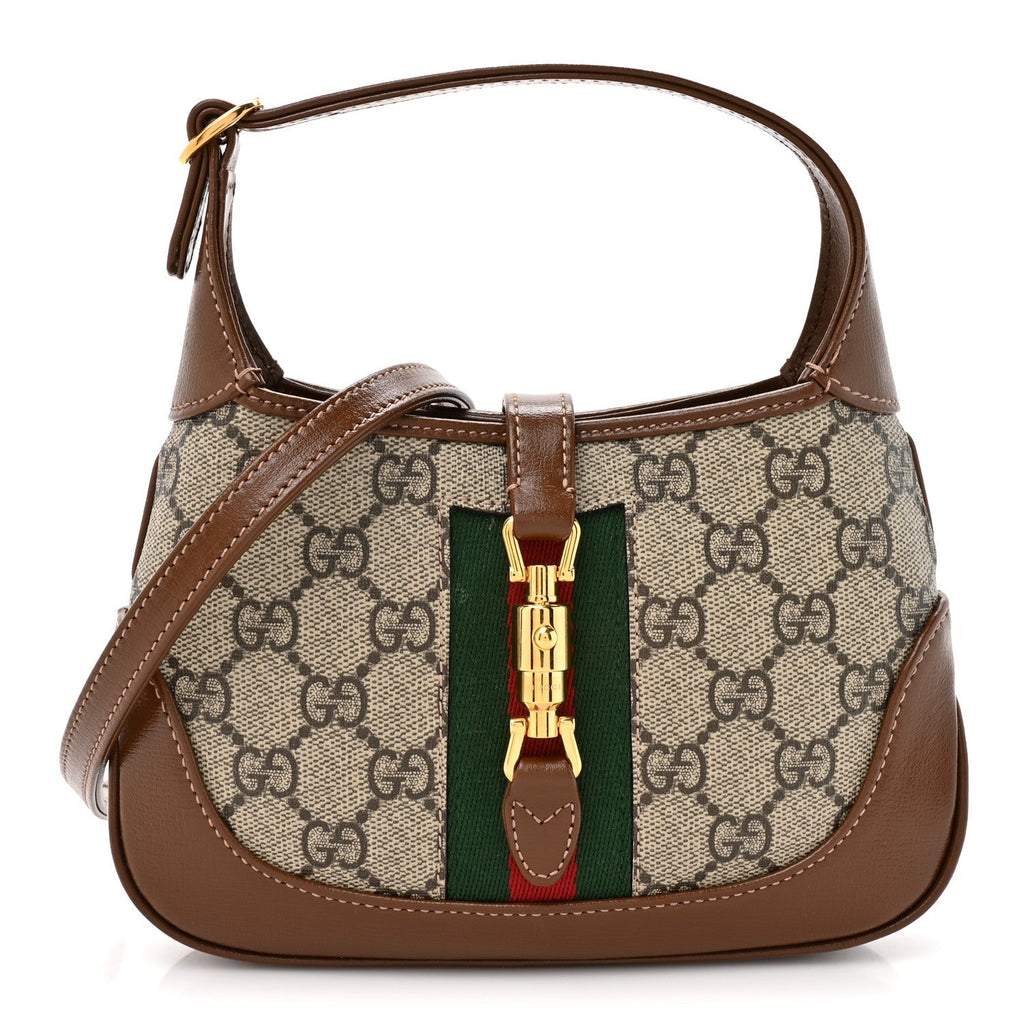GG Supreme Monogram Azalea Calfskin Web Mini Jackie 1961 Hobo Beige Ebony Brown Sugar