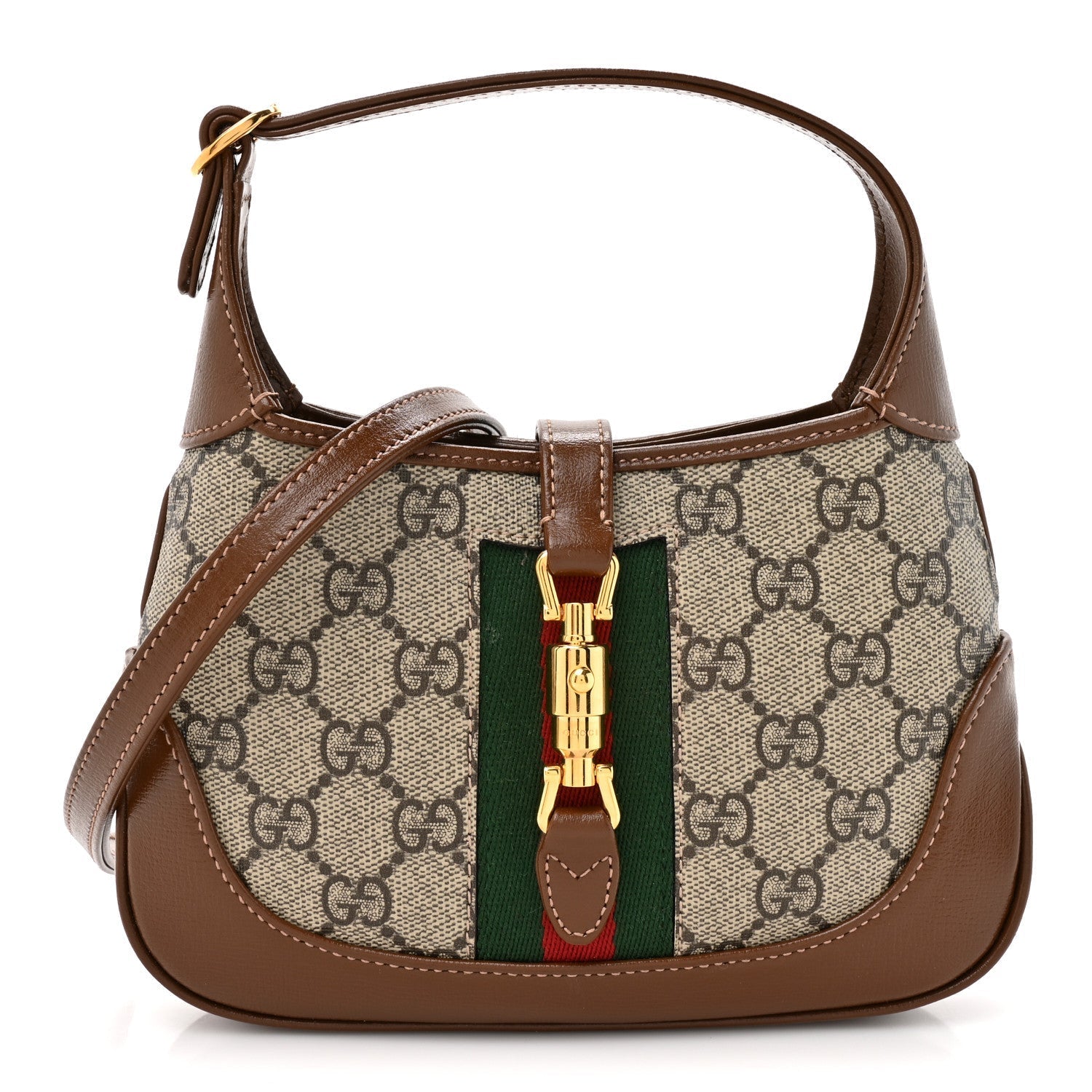 GG Supreme Monogram Azalea Calfskin Web Mini Jackie 1961 Hobo Beige Ebony Brown Sugar