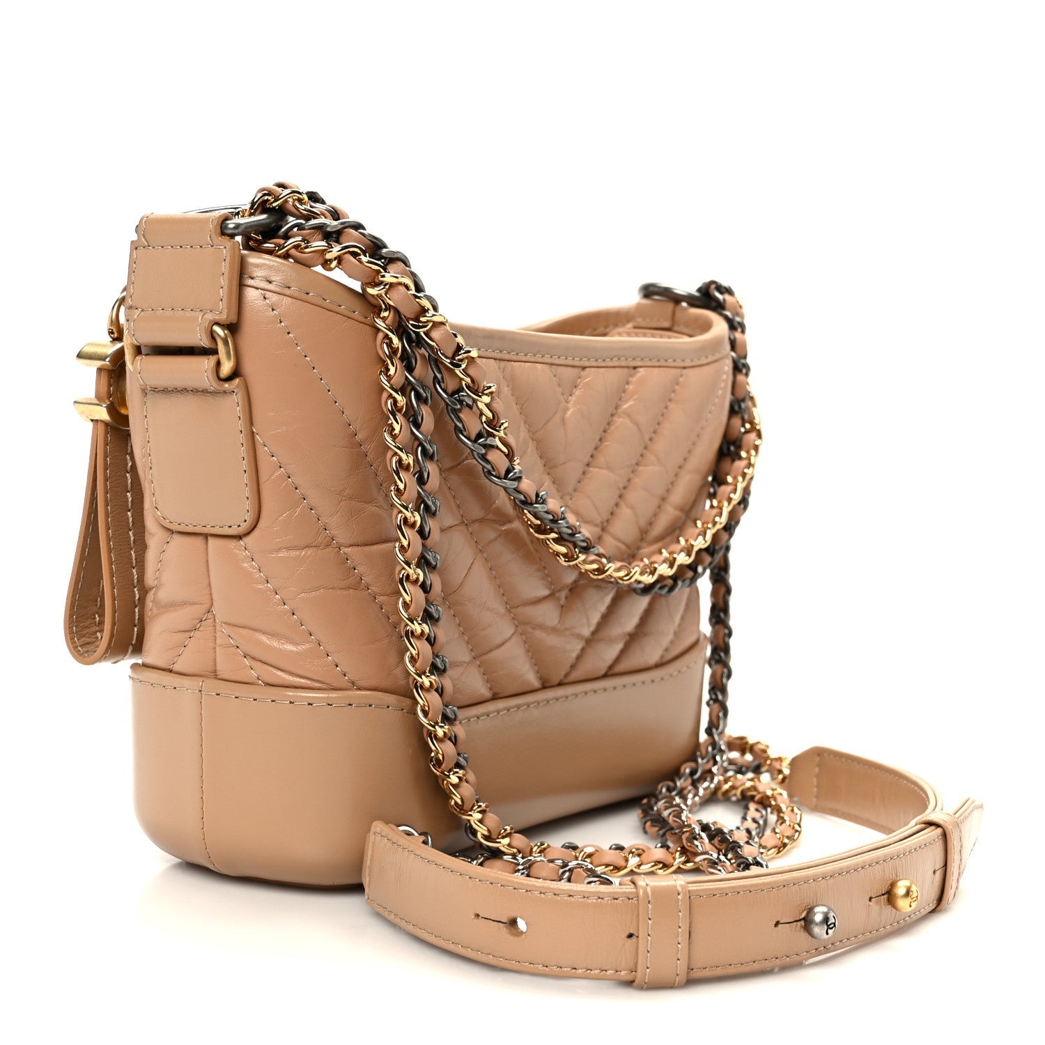 Aged Calfskin Chevron Quilted Small Gabrielle Hobo Beige