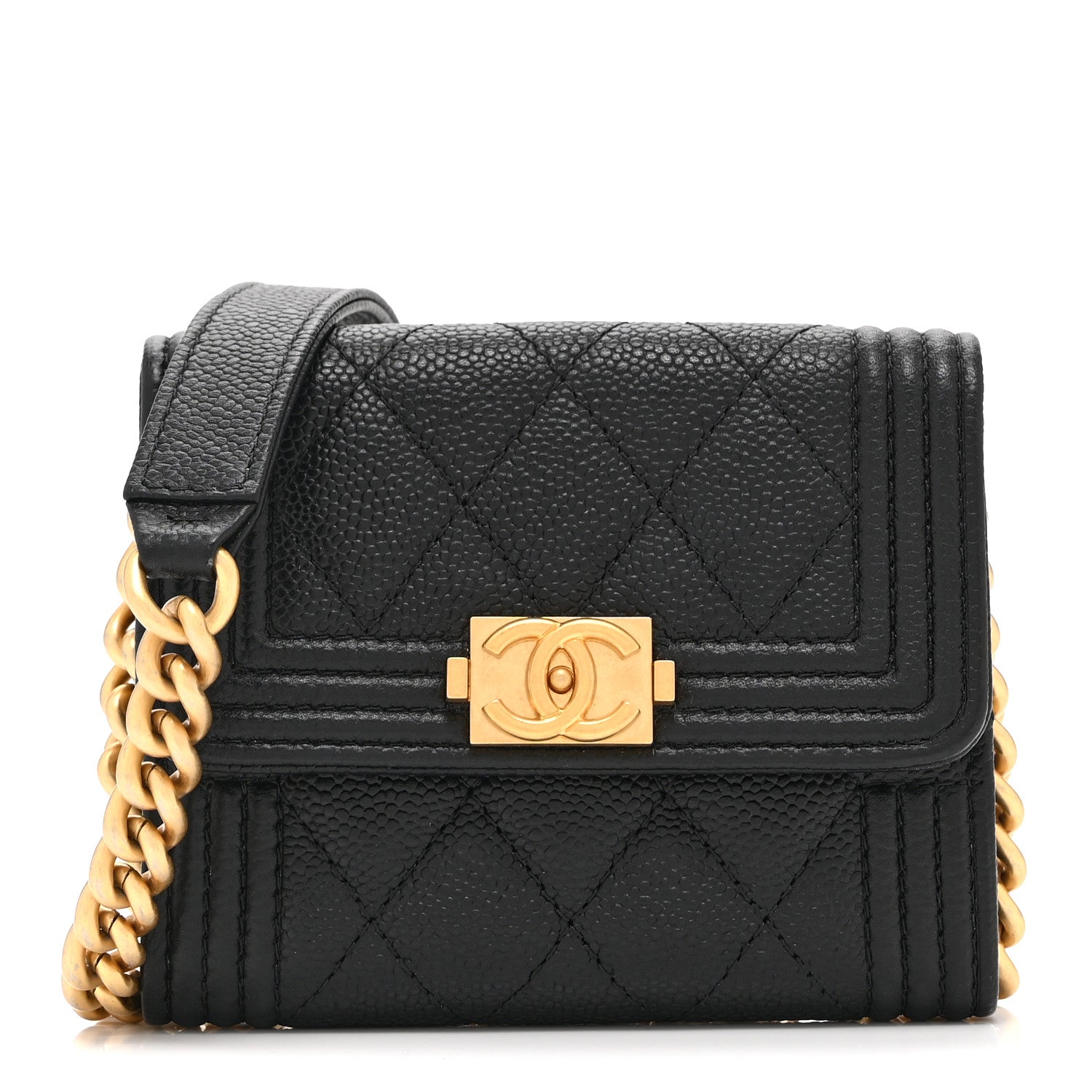 Caviar Quilted Boy Card Holder On Chain Black