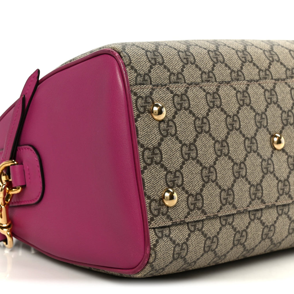 GG Supreme Monogram Moon Calfskin Small Boston Beige Ebony Hibiscus Red New Rosette