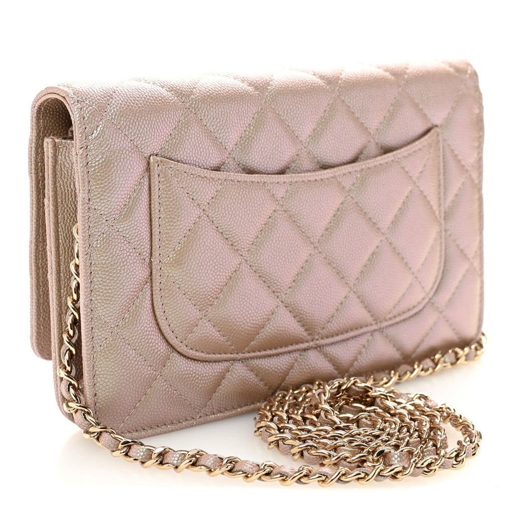 Iridescent Caviar Quilted Wallet on Chain WOC Beige