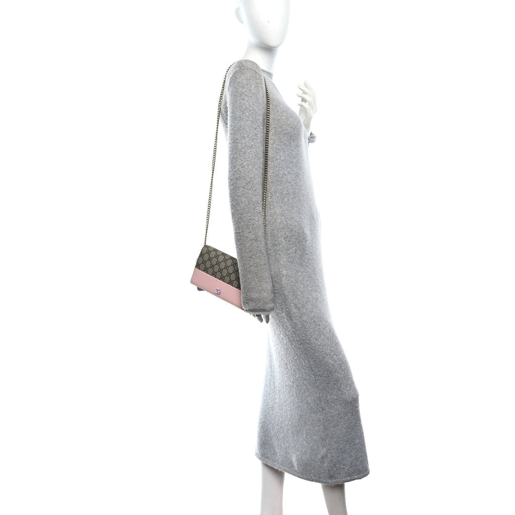 GG Supreme Monogram Textured Dollar Calfskin Mini GG Marmont Chain Wallet Light Pink Blue Beige