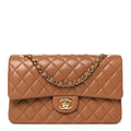 Lambskin Quilted Medium Double Flap Brown