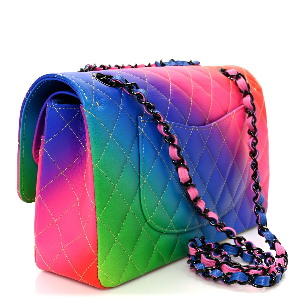 Calfskin Quilted Medium Rainbow Double Flap Multicolor