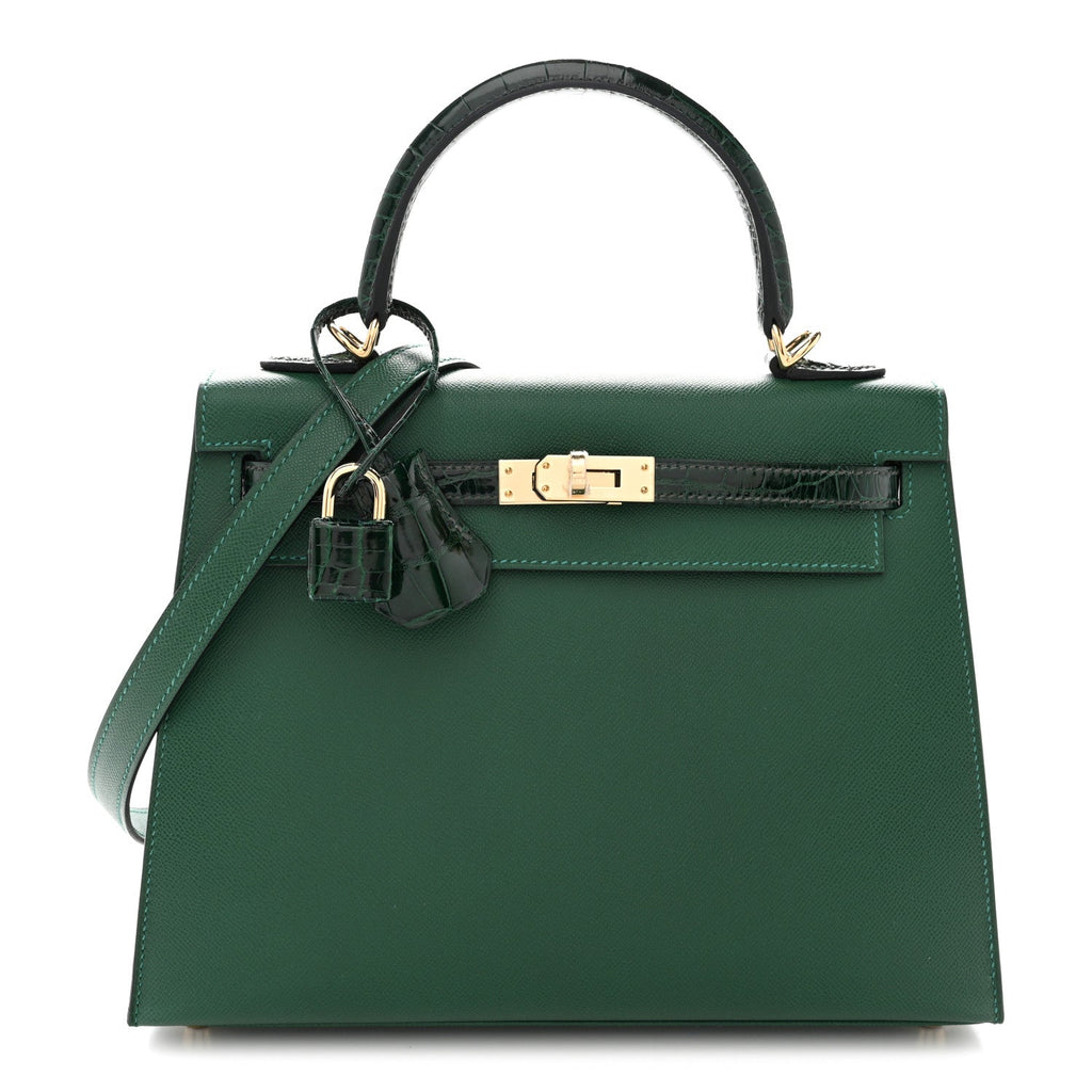 Madame Calfskin Shiny Alligator Kelly Sellier Touch 25 Vert Moyen