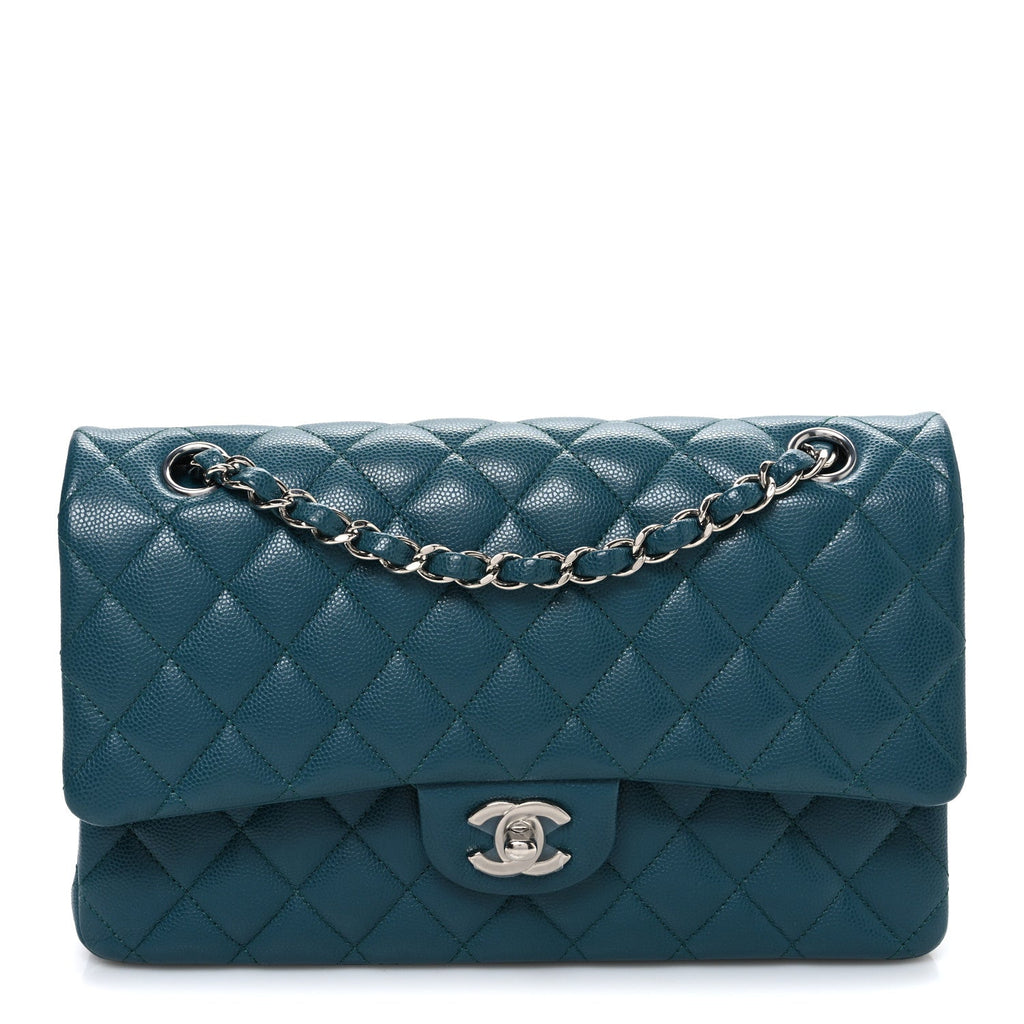 Caviar Quilted Medium Double Flap Dark Turquoise
