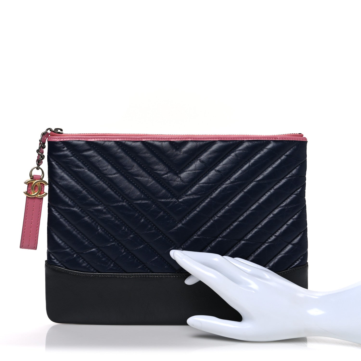 Aged Calfskin Chevron Quilted Medium Gabrielle Cosmetic Case Dark Pink Navy Charcoal