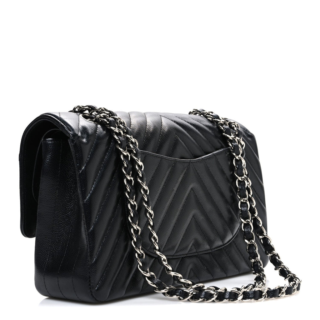 Caviar Chevron Quilted Medium Double Flap Black