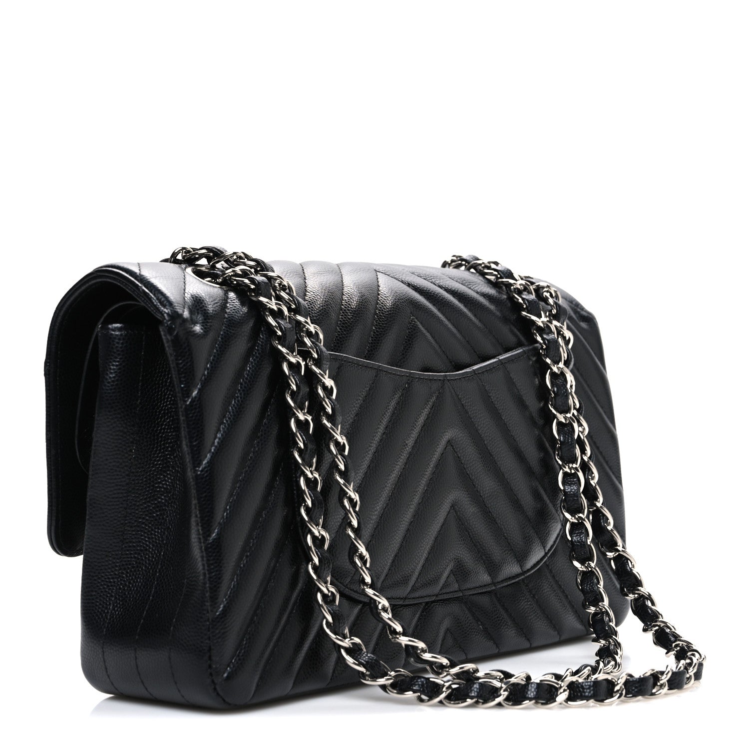 Caviar Chevron Quilted Medium Double Flap Black