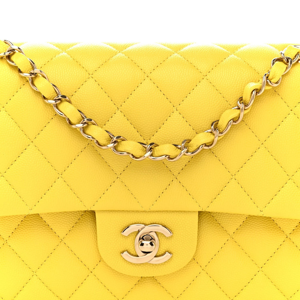 Caviar Quilted Medium Double Flap Yellow