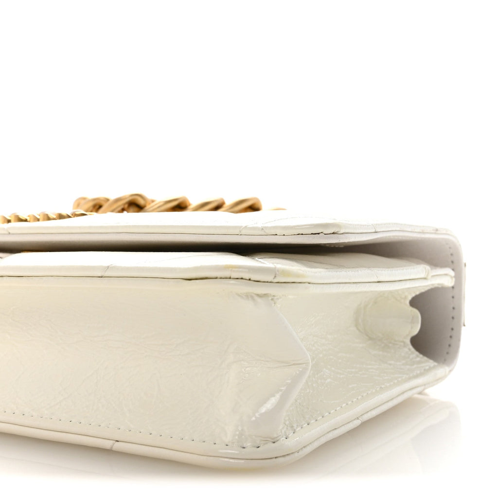 Shiny Crumpled Calfskin Quilted Chanel 19 Wallet On Chain WOC White