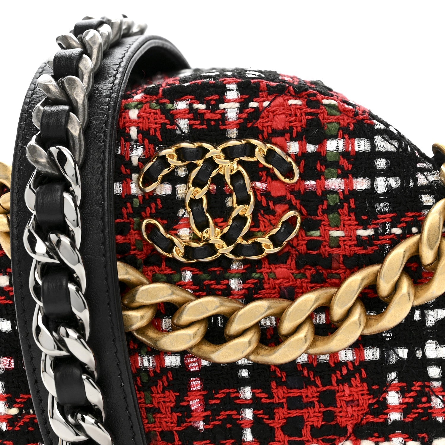 Tweed Quilted Chanel 19 Round Clutch With Chain  Red Black White Green