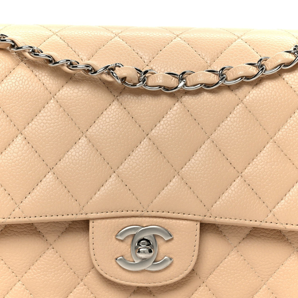 Caviar Quilted Medium Double Flap Beige