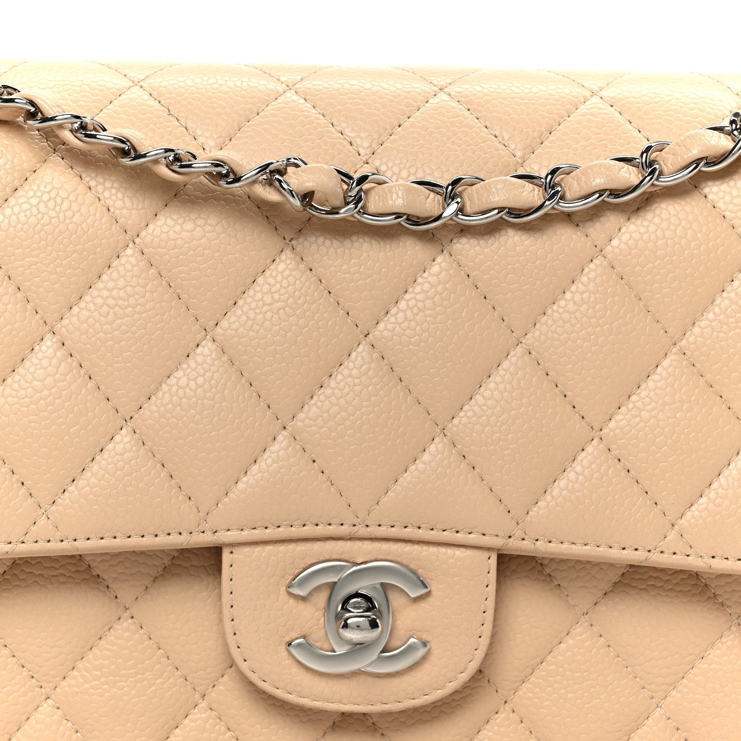 Caviar Quilted Medium Double Flap Beige