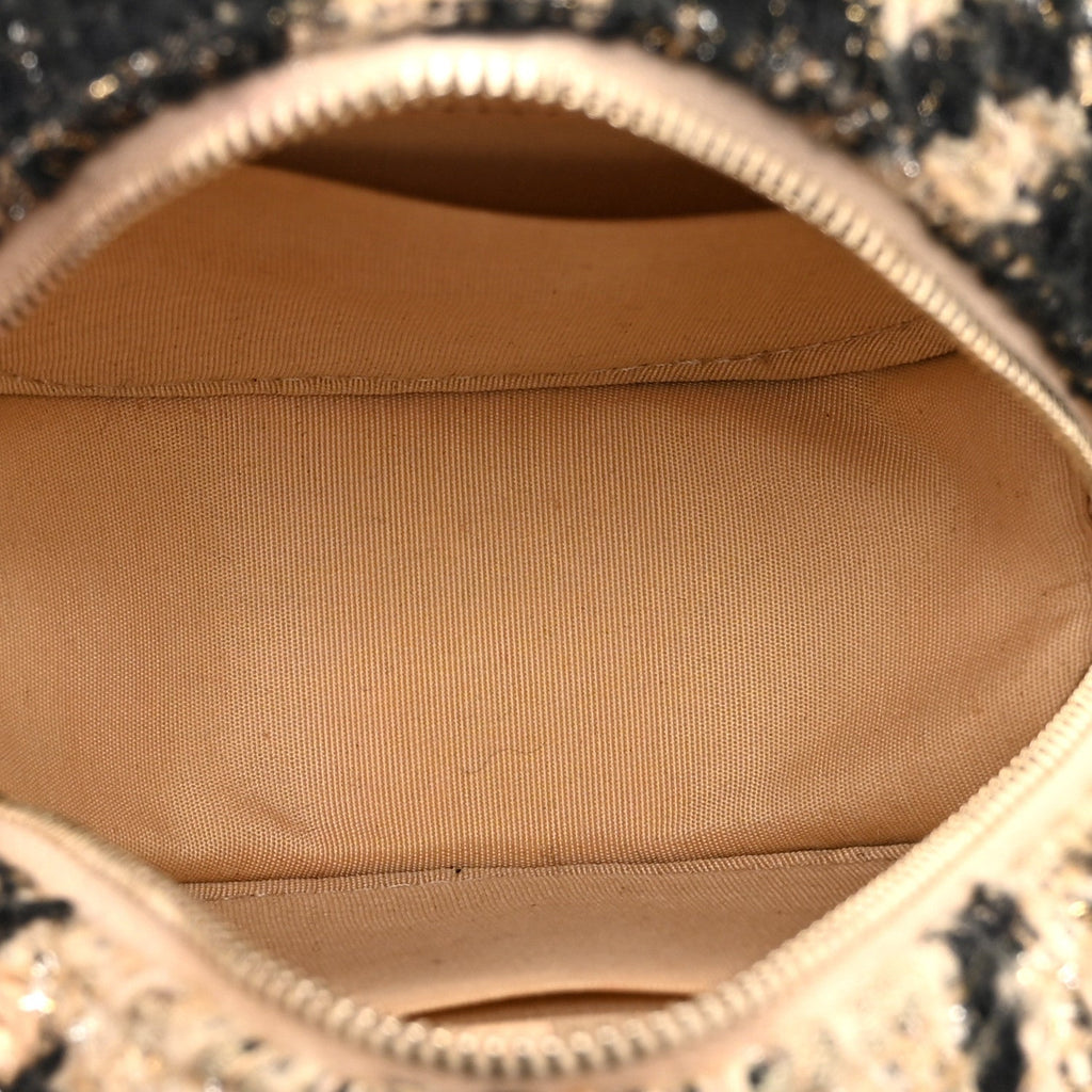 Wool Tweed Lambskin Quilted Chanel 19 Round Clutch With Chain and Coin Purse Beige Black