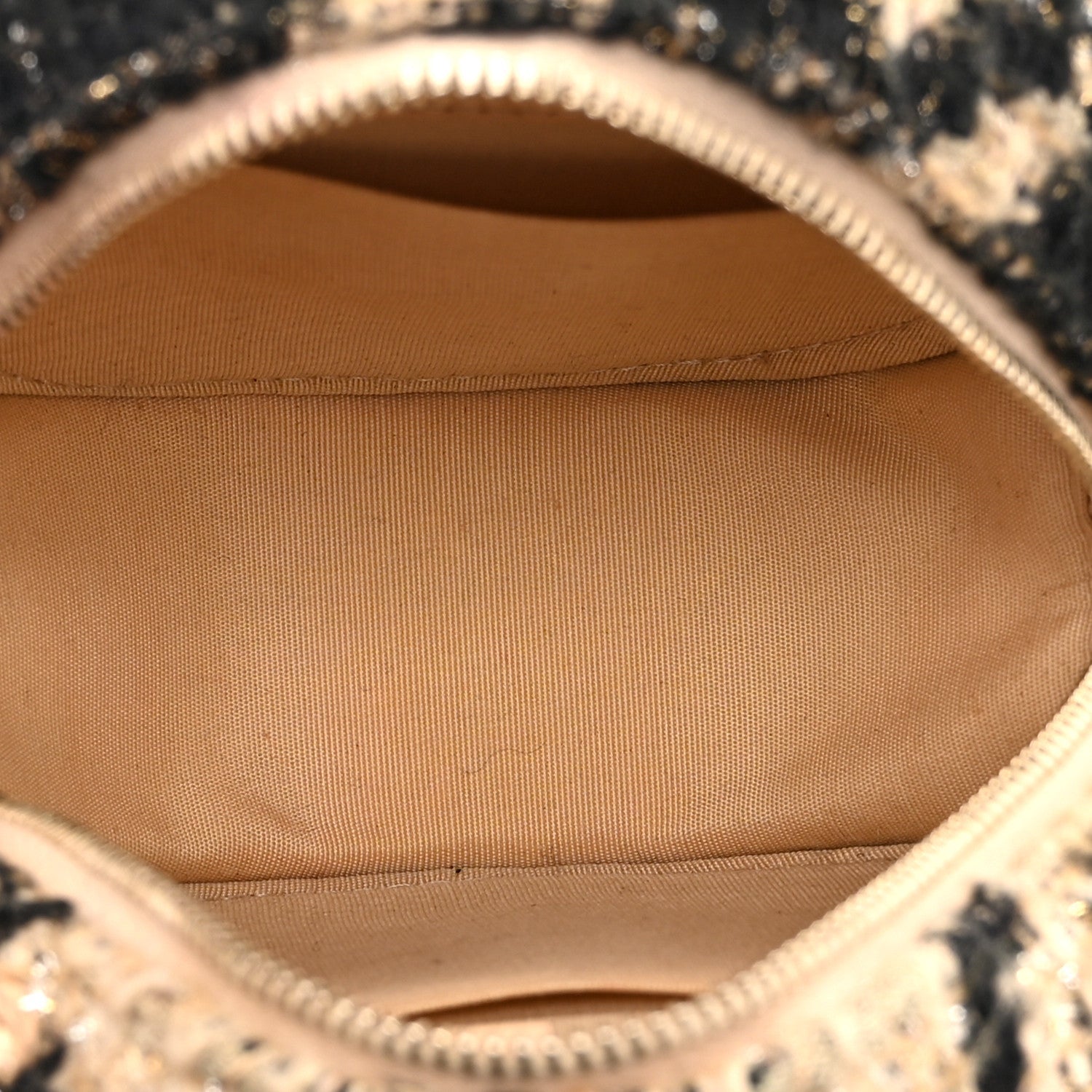 Wool Tweed Lambskin Quilted Chanel 19 Round Clutch With Chain and Coin Purse Beige Black