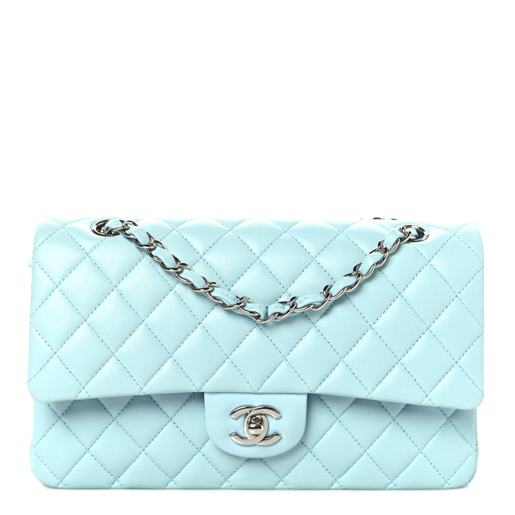 Lambskin Quilted Medium Double Flap Light Blue