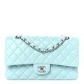 Lambskin Quilted Medium Double Flap Light Blue