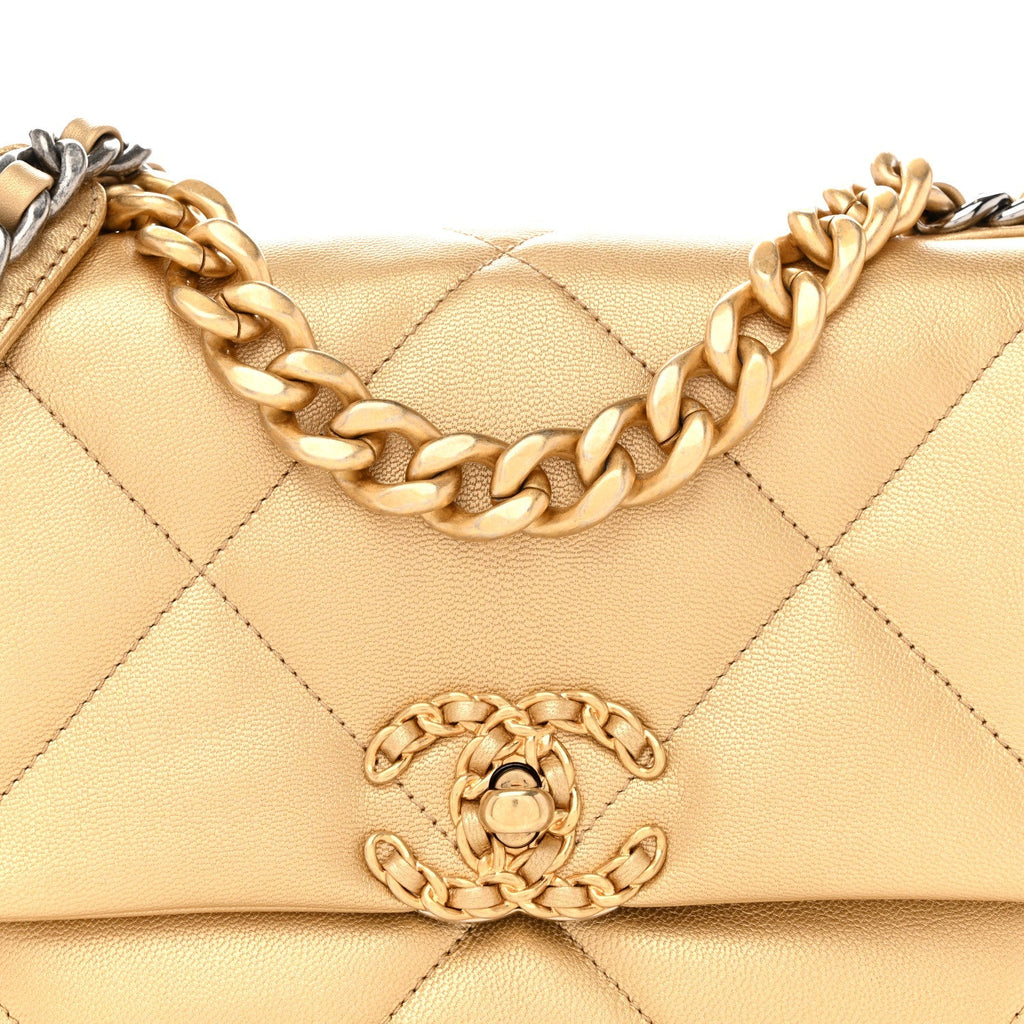 Metallic Goatskin Quilted Medium Chanel 19 Flap Gold