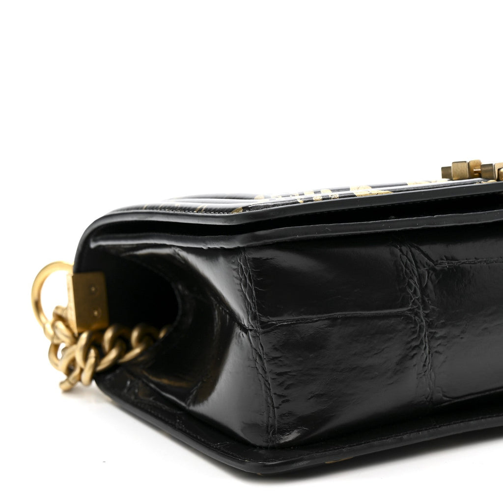 Calfskin Crocodile Embossed Graffiti Cocodile Medium Boy Flap Black