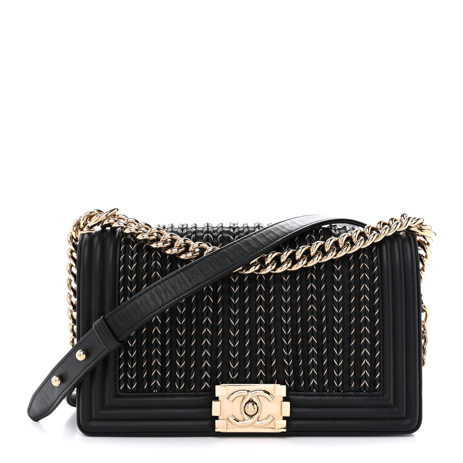 Calfskin Braided Medium Boy Flap Black