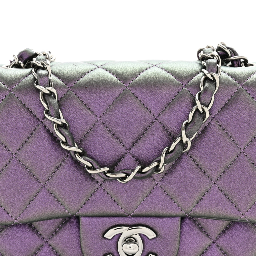 Iridescent Lambskin Quilted Mini Square Flap Dark Purple
