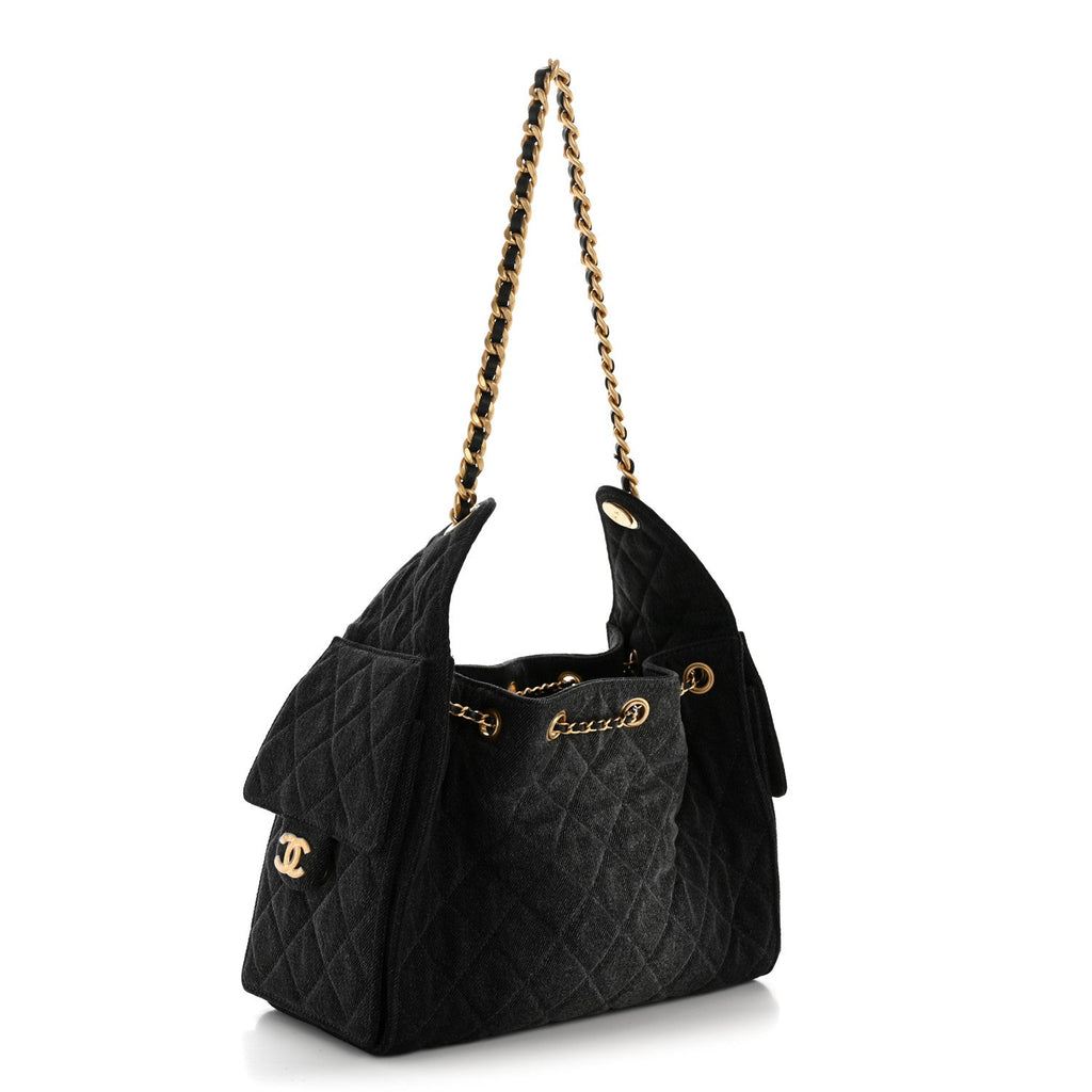 Washed Denim Quilted Small Chanel 25 Handbag Black