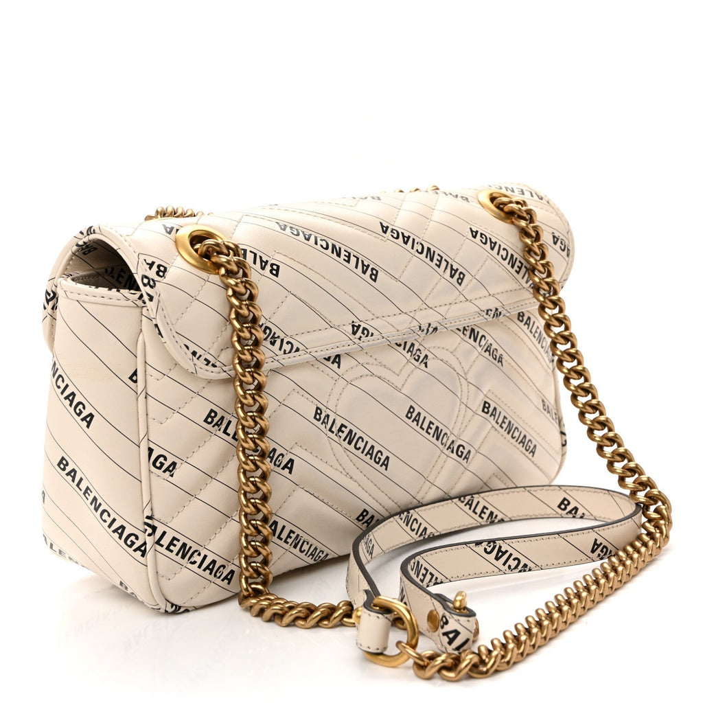 X BALENCIAGA Calfskin Matelasse Logo Print Small GG Marmont Shoulder Bag White