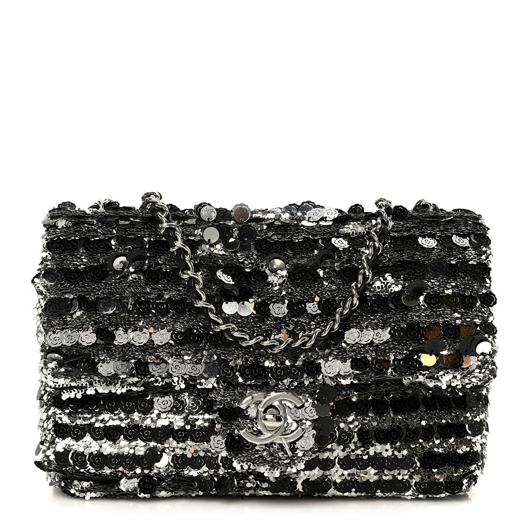 Sequin Camellia Small Single Flap Silver Black