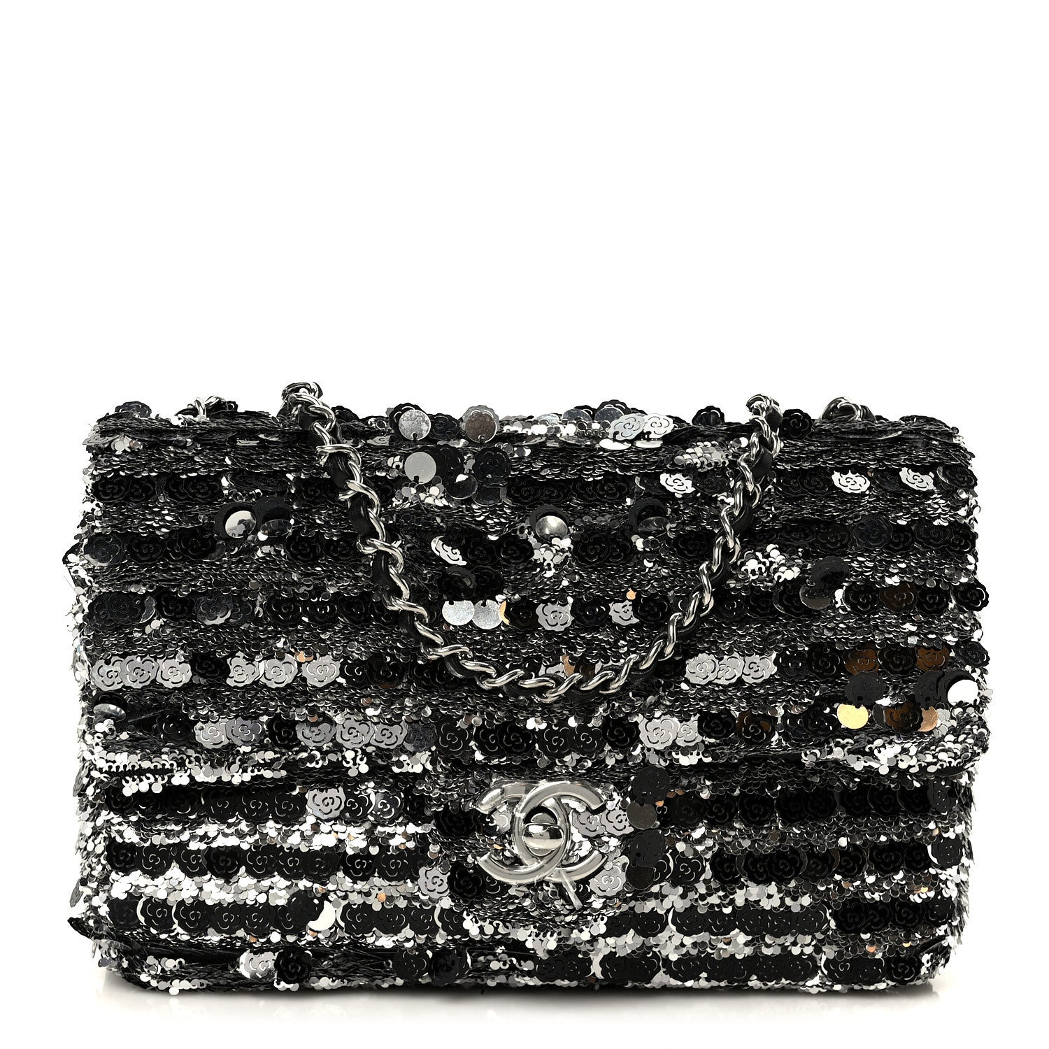 Sequin Camellia Small Single Flap Silver Black