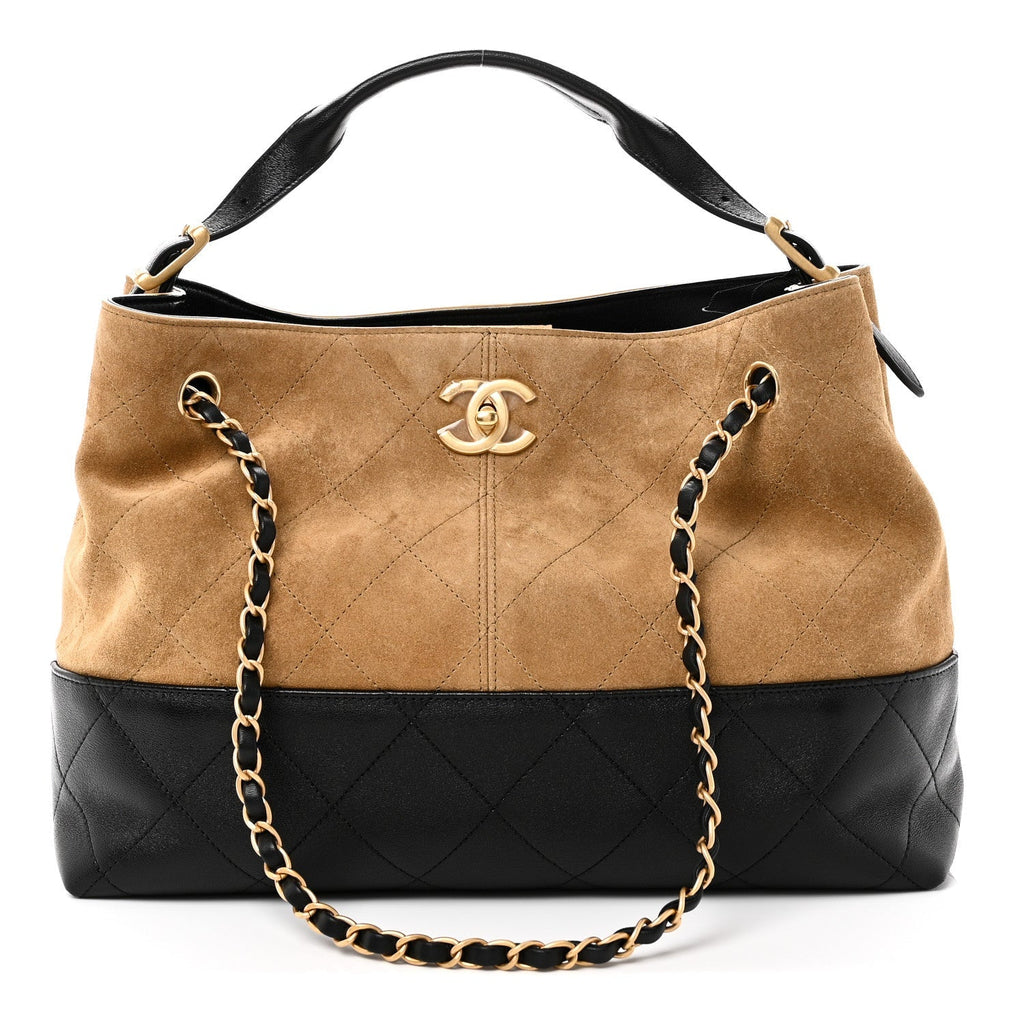 Suede Calfskin Shiny Lambskin Quilted Small Coco Base Shopping Bag Beige Black
