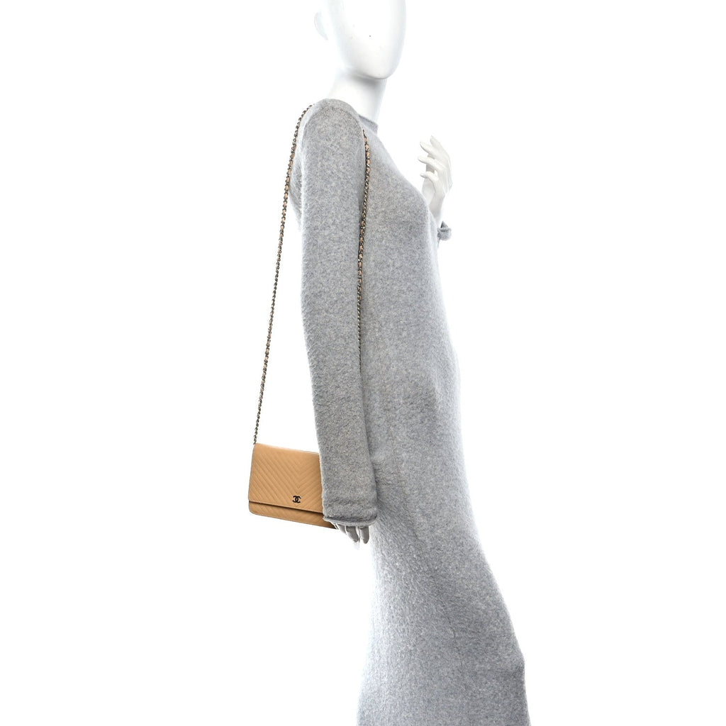 Patent Calfskin Chevron Quilted Wallet On Chain WOC Beige