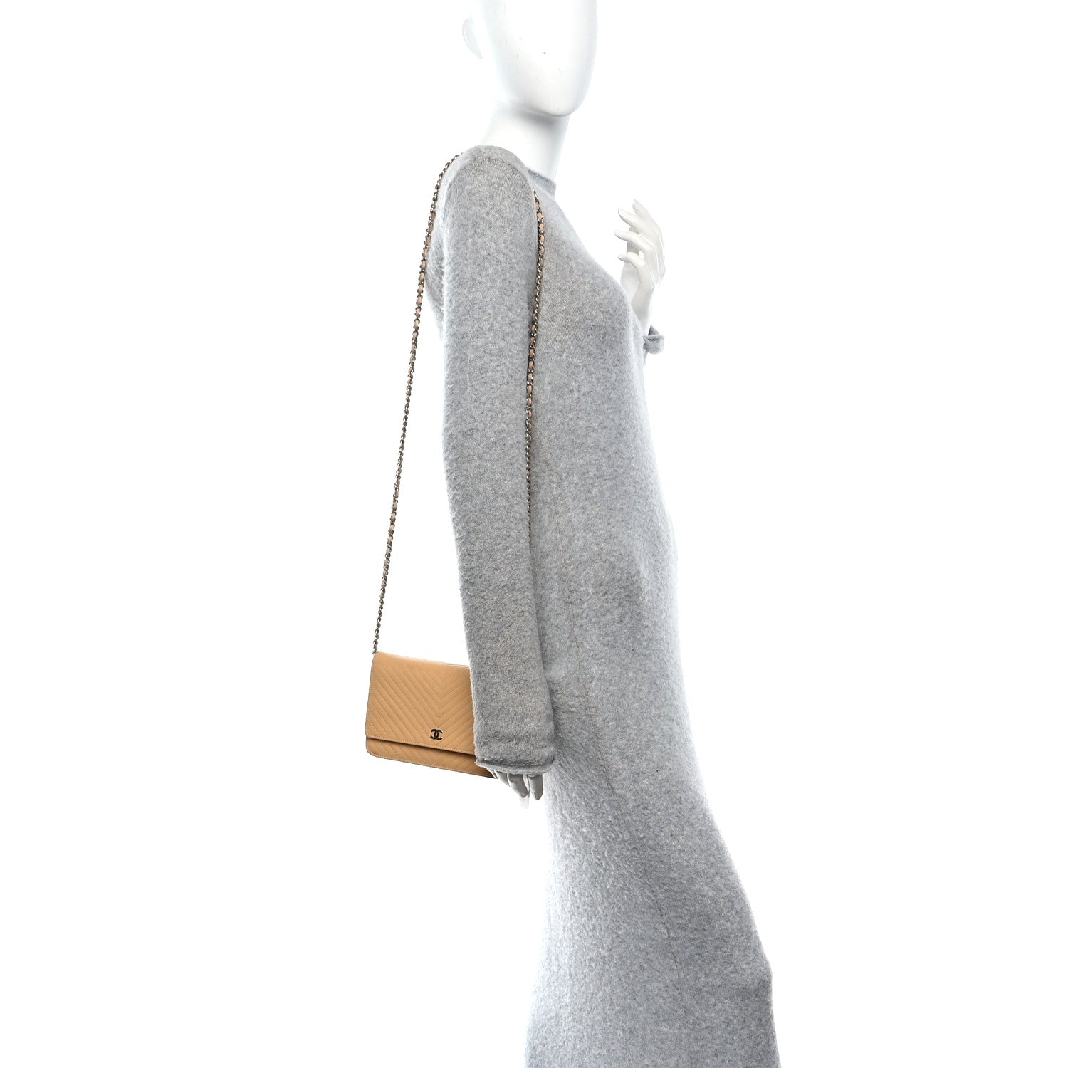 Patent Calfskin Chevron Quilted Wallet On Chain WOC Beige
