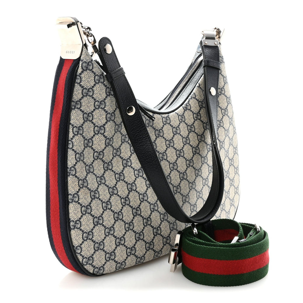 GG Supreme Monogram Textured Calfskin Web Large Attache Shoulder Bag Beige Blue