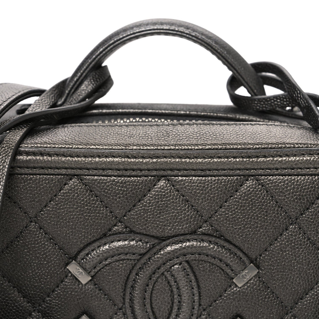 Metallic Caviar Quilted Small CC Filigree Vanity Case Dark Silver