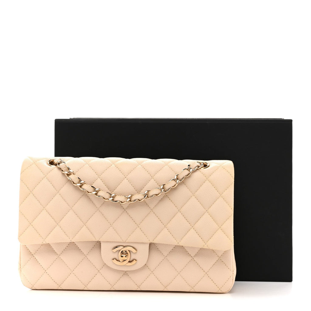 Caviar Quilted Medium Double Flap Light Beige